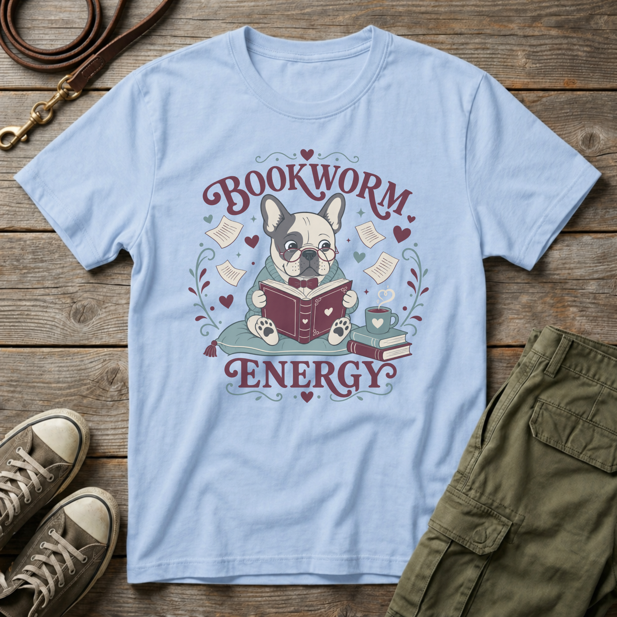 Frenchie Bookworm Energy T-Shirt