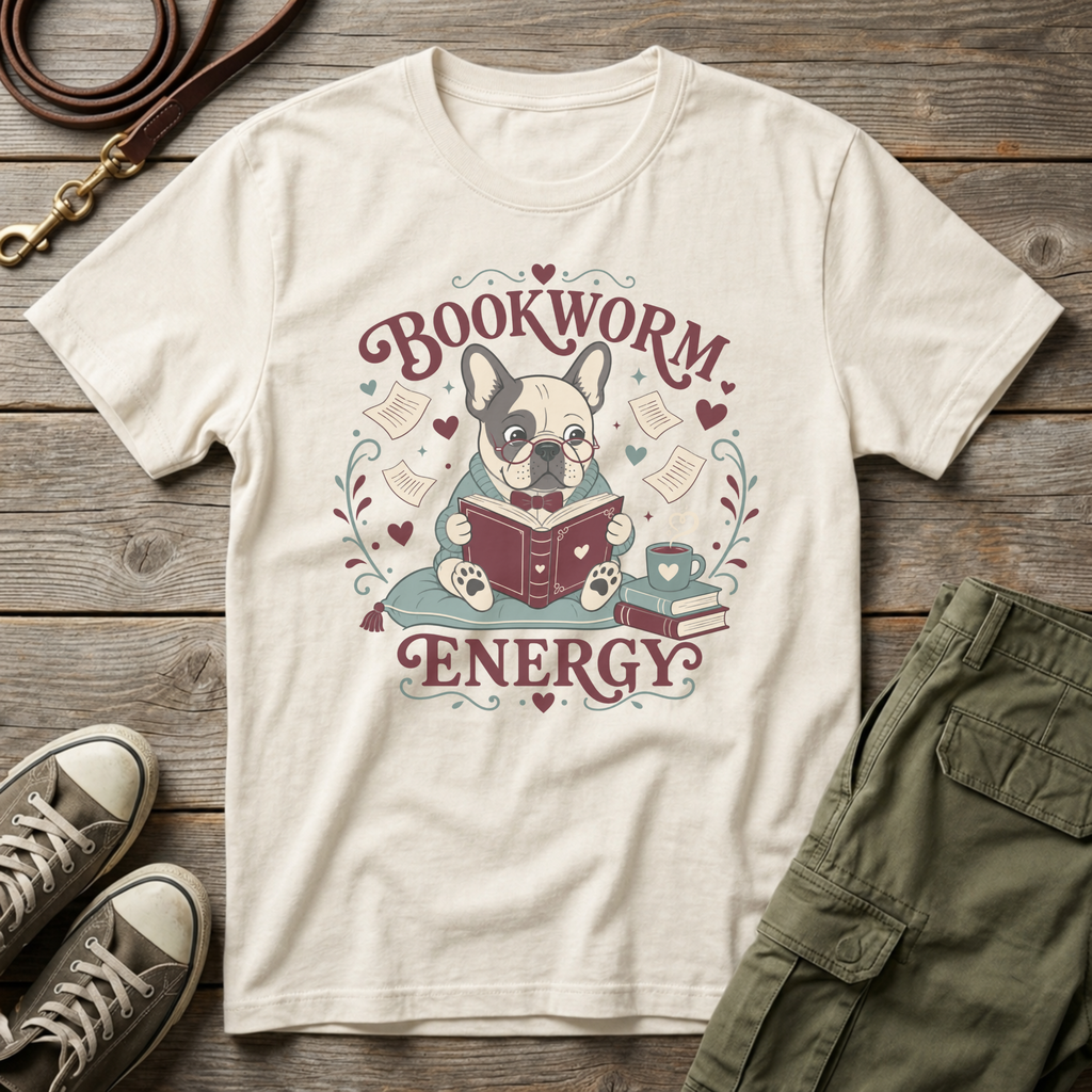Frenchie Bookworm Energy T-Shirt