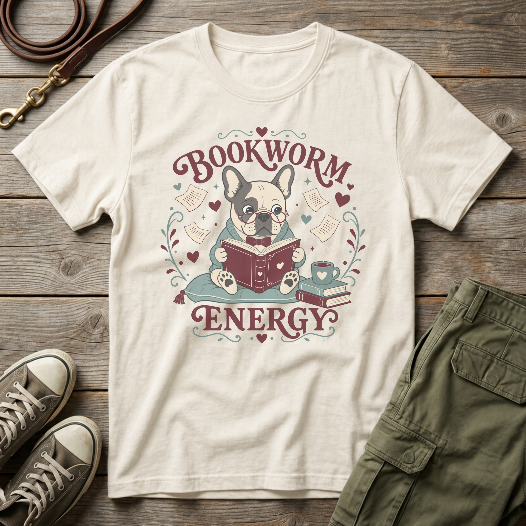 Frenchie Bookworm Energy T-Shirt