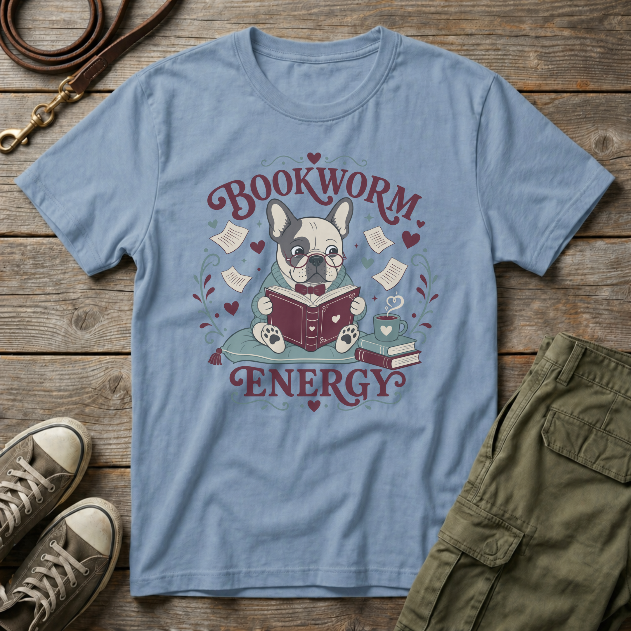 Frenchie Bookworm Energy T-Shirt