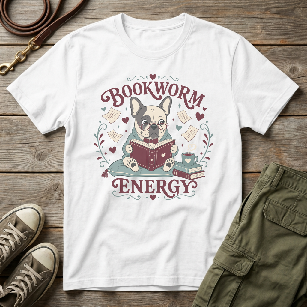 Frenchie Bookworm Energy T-Shirt
